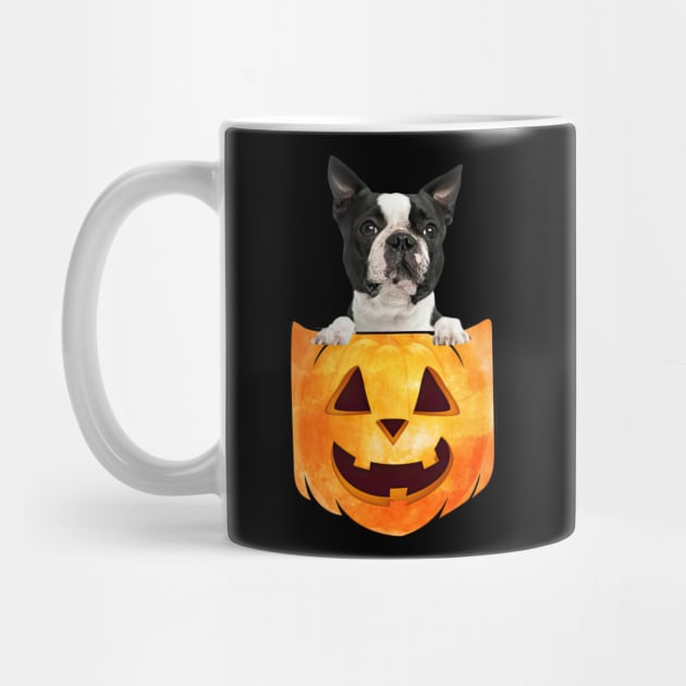 Black Boston Terrier Dog In Pumpkin Pocket Halloween by nakaahikithuy